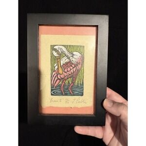Signed Numbered pink bird "Preen II" print framed gallery wall L Peebles